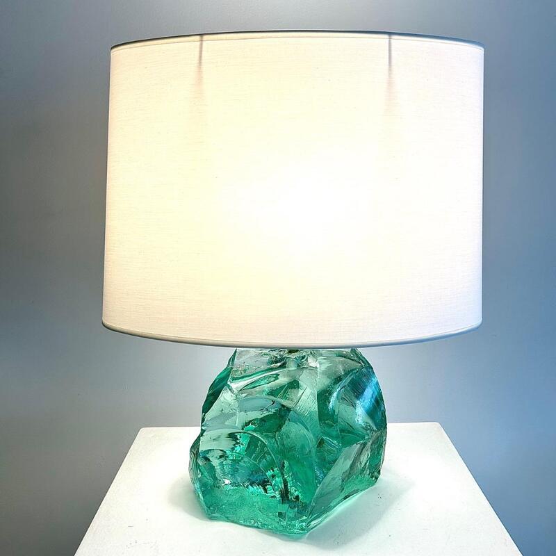 GREEN GLASS TABLE LAMP Circa 1970